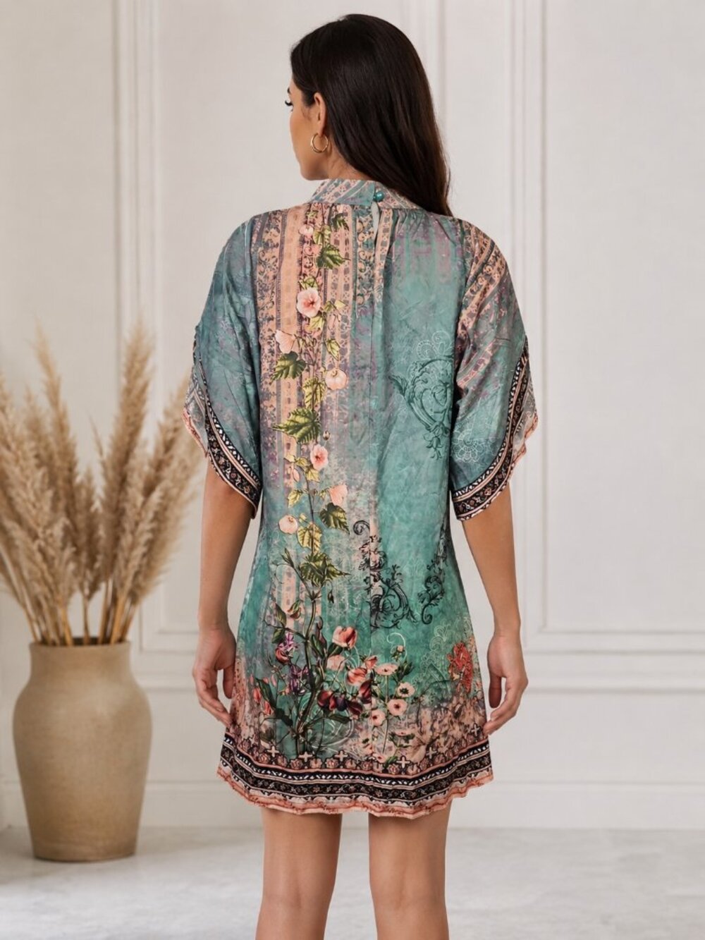 Romantic Botanical Print Kaftan Tunic Boho Baroque Floral Teal Mini Dress M - Picture 2 of 15